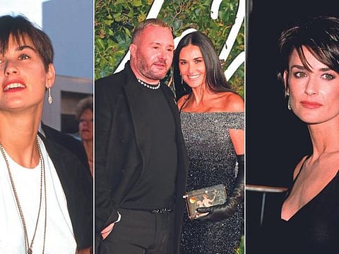 From Left: Demi Moore from 30 years ago; with Kim Jones recently, her lustrous hair and glowing skin belying her age; at the premiere of her path-breaking film G.I. Jane 