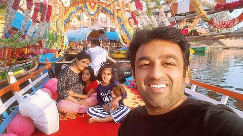 In a decorated boat in Chitrakoot. Tarun with his wife Sunaina and daughters Trijaa and Shubhda explored 15 states and covered 26,000km 