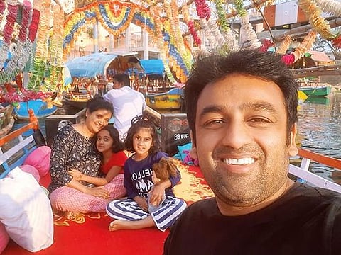 In a decorated boat in Chitrakoot. Tarun with his wife Sunaina and daughters Trijaa and Shubhda explored 15 states and covered 26,000km 
