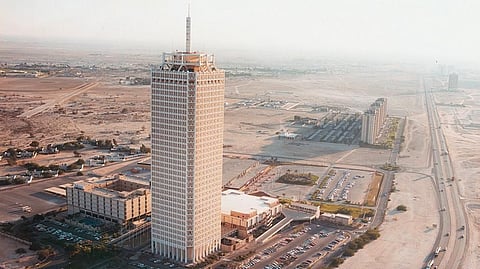 The Dubai World Trade Centre, pictured here in 1981. It was Shaikh Rashid himself who insisted on the tower's present location 