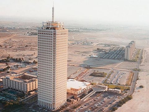 The Dubai World Trade Centre, pictured here in 1981. It was Shaikh Rashid himself who insisted on the tower's present location 