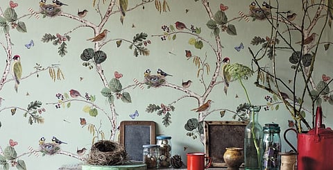 Use a beautiful wildlife design as a backdrop to display objects and natural finds that mirror the theme – change it regularly to keep it fresh. Source: Sanderson
