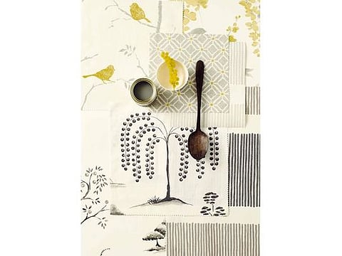 Clockwise from above: Dawn Chorus wallpaper in Linden/Slate, Dh240 per roll; Fretwork fabric in Silver/Linden, Dh192 per metre; Wisteria Blossom wallpaper in Linden/Charcoal, Dh240 per roll; Tatami Stripe wallpaper in Silver/Linen, Dh240 per roll; Tatami Stripe fabric in Charcoal/Linen, Dh192 per metre; Willow Tree fabric in Charcoal/Ivory, Dh204 per metre; Willow Tree wallpaper in Charcoal/Ivory, Dh204 per roll, all Sanderson.