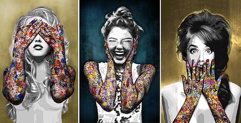 A modern representation of Iwazaru’s apes from the 17th-century Japanese pictorial maxim, 'See no evil, hear no evil, speak no evil'. Artist Kristel Bechara illustrates the lack of moral responsibility of people who refuse to acknowledge offensiveness, look the other way or plead ignorance.