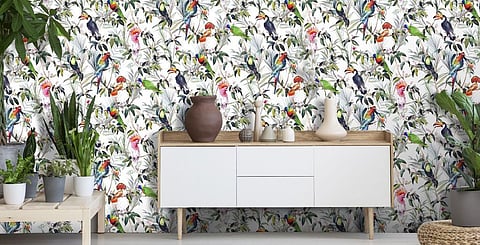 A flurry of tropical bIrds adds a spirited vibe to this simple setting from British brand Cultfurniture.