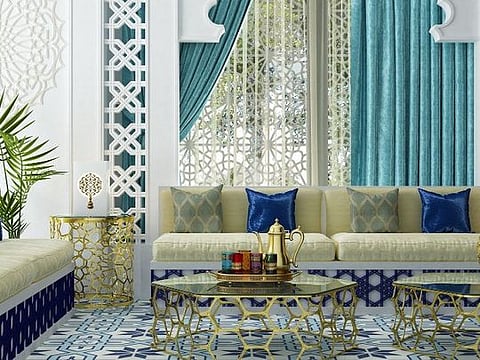 Sun, sand and sea tones applied here against a clean white palette with Islamic architectural motifs, decor from Sedar, available online through a newly launched e-commerce site
