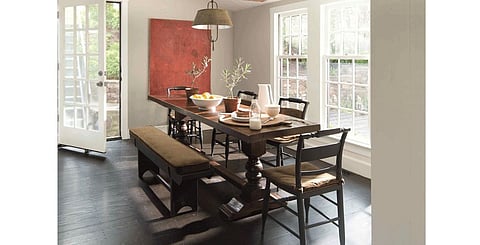 Wish by Benjamin Moore is a soft neutral grey that works effortlessly in classic or even more contemporary schemes. The vivid artwork shown here demonstrates how easily it marries with brighter shots of colour in a scheme.