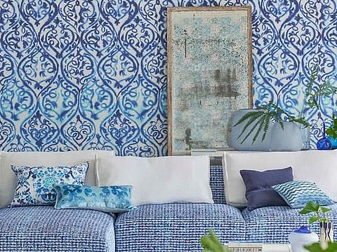 Majolica collection for Designers Guild by Maison d’Art, Arabesque wallpaper, Dh700 per roll; fabrics from Dh600 per metre.