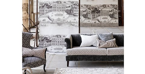 Buckingham House wallcovering in Graphite Designer’s Guild at Maison D’art, Dh721 per metre.