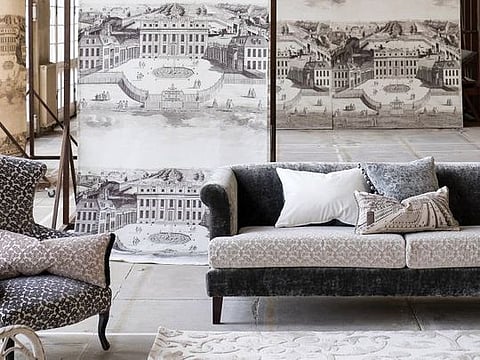Buckingham House wallcovering in Graphite Designer’s Guild at Maison D’art, Dh721 per metre.