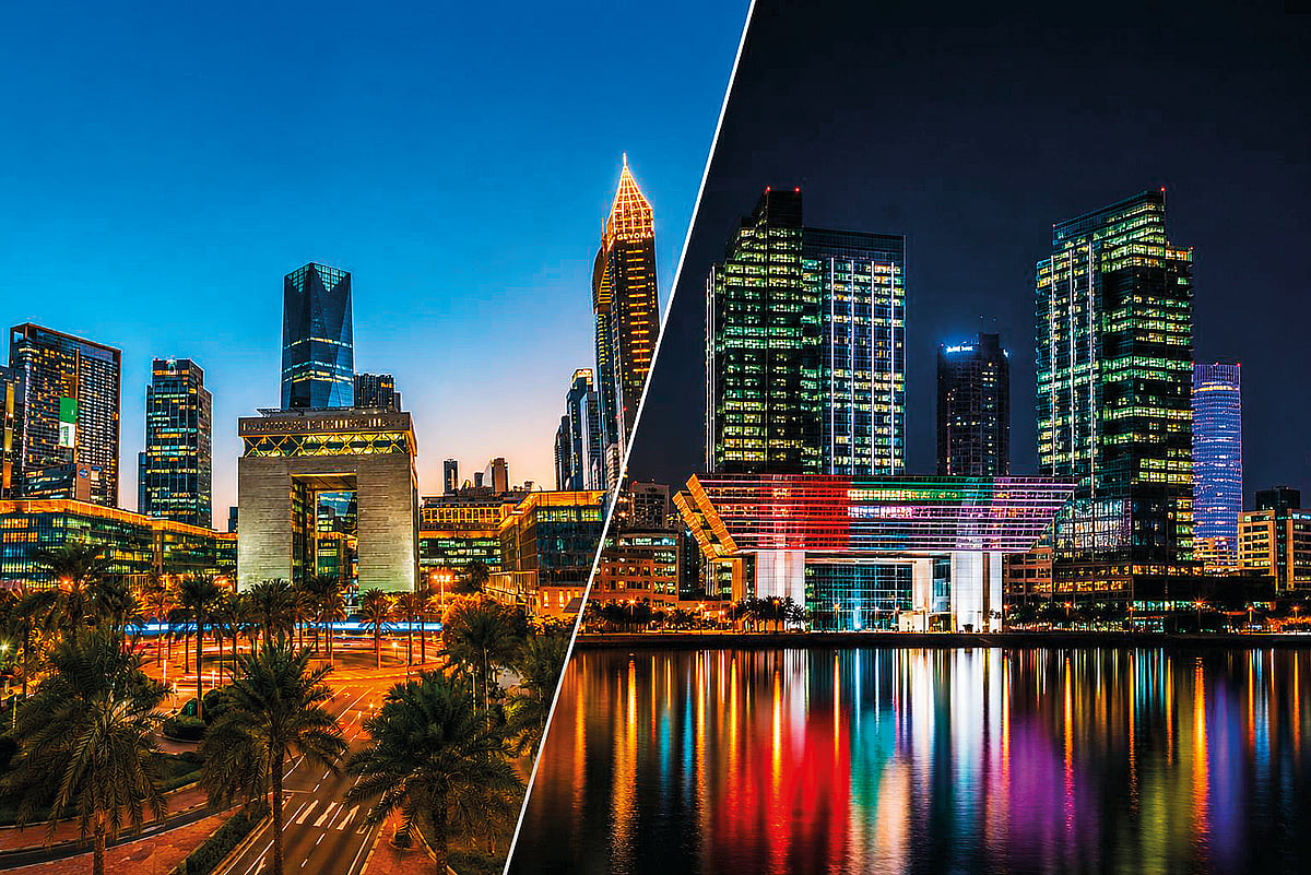 Modern skyscrapers in Dubai and Abu Dhabi reflect sunset light over the growing financial district.