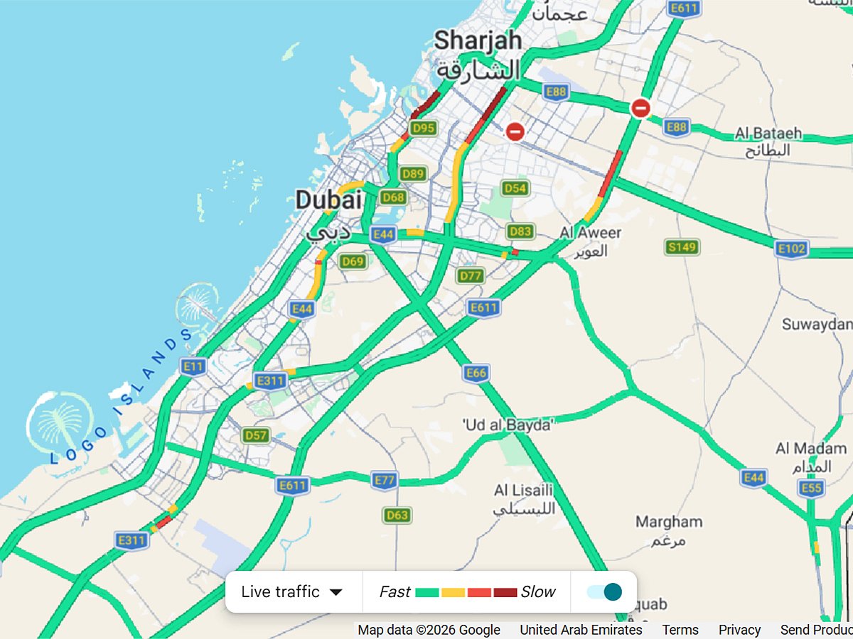 Sharjah-Dubai traffic builds up on E11 and E311 during morning rush