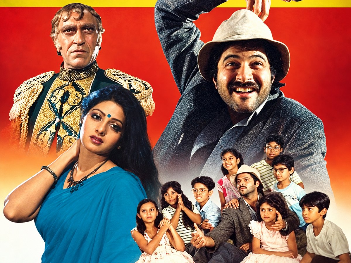 A poster collage featuring Anil Kapoor, Sridevi and Amrish Puri from the 1987 Hindi film Mr India, directed by Shekhar Kapur.