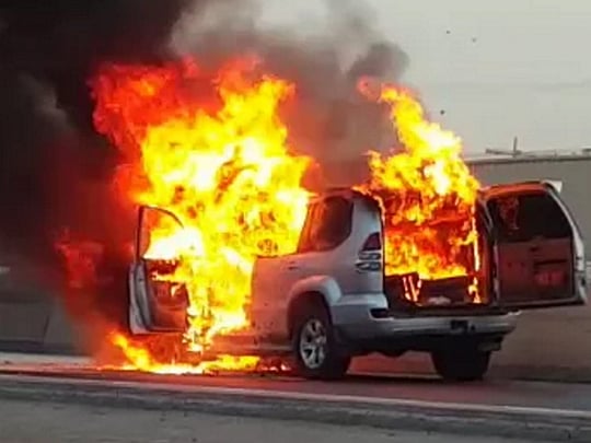 Watch: Car on fire in Ras Al Khor in Dubai