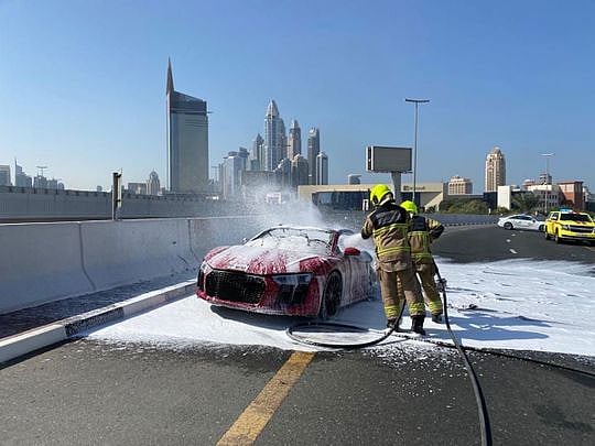 Watch: Car catches fire on Palm Jumeirah exit in Dubai