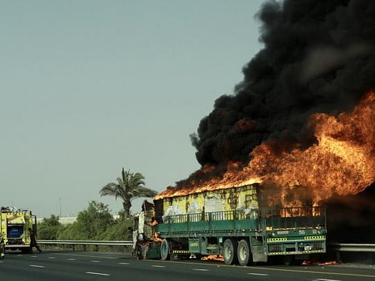 Tailback during evening rush hours traffic as truck catches fire on ...