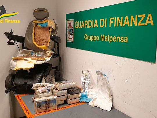 Dog sniffs out cocaine hidden in wheelchair at Milan airport
