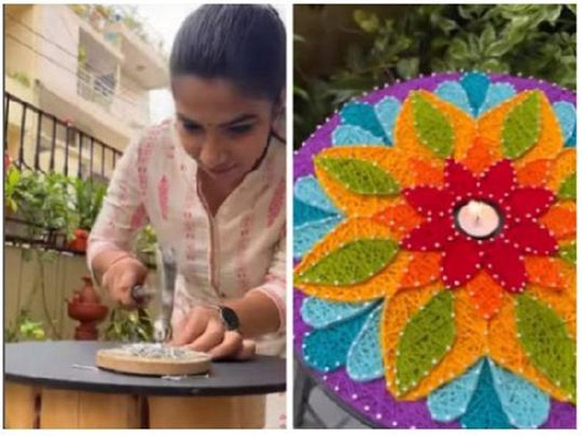 Watch video: Delhi woman makes rangoli with threads and nails