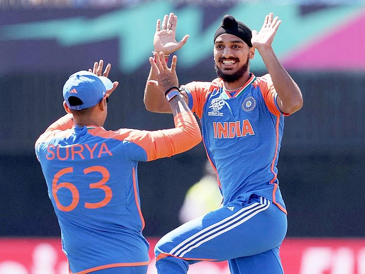 Arshdeep Singh of India celebrates a