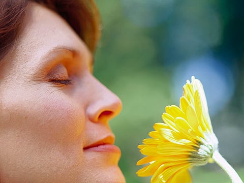 woman smelling flower