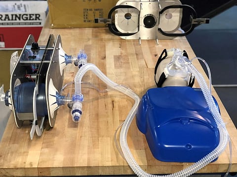 The makeshift ventilator.  Photo: Shannon Yee, Georgia Tech