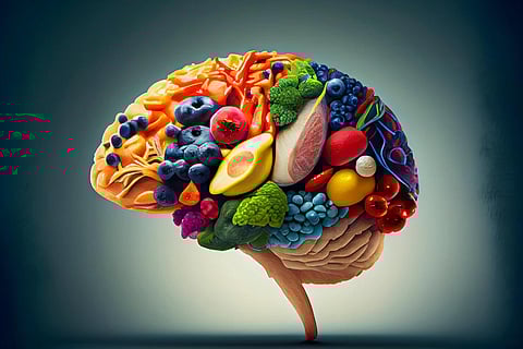 Alimento saludable para el cerebro para aumentar el concepto de nutrición de la capacidad intelectual como un grupo de nueces nutritivas, pescado, verduras. IA generativa
