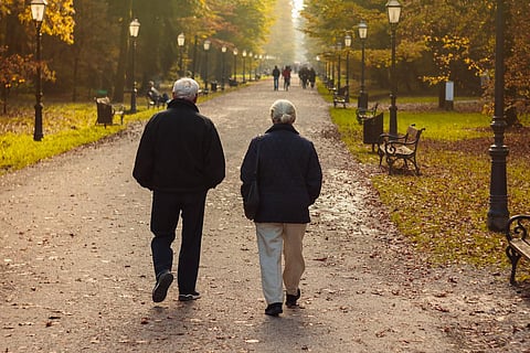 Pareja de ancianos jubilados caminando en el parque en otoño