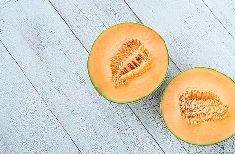Cross section of Cantaloupe melon flat lay