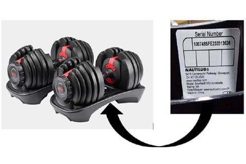 A photo of the affected adjustable dumbbell set from BowFlex