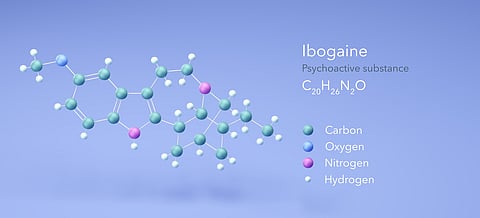 ibogaine molecule, molecular structures, psychoactive substance, 3d model, Structural Chemical Formula and Atoms with Color Coding