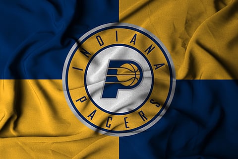 Pringsewu, Lampung; October 16, 2024; Selective focus waving flag fabric texture Basketball Club Indiana Pacers, NBA. 3d illustration — Photo by sfStudio