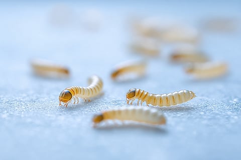 New World screwworm fly larvae crawling on a smooth surface, showcasing their elongated bodies and distinct coloration, highlighting their role