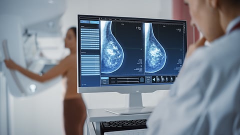 woman having mammogram