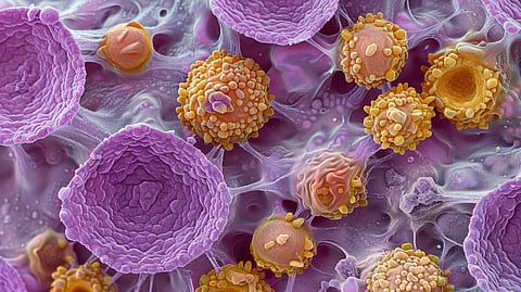 Sarcoma Cells: Developing in connective tissues like bones and muscles, these aggressive, spindle-shaped cells can spread quickly to various body parts