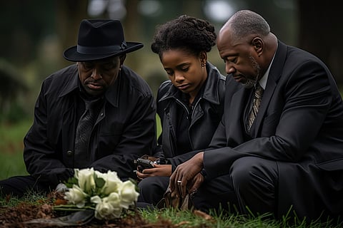Family in mourning at funeral with sorrow and remembrance African American adults in solemn unity at cemetery reflecting on loss and support in nature