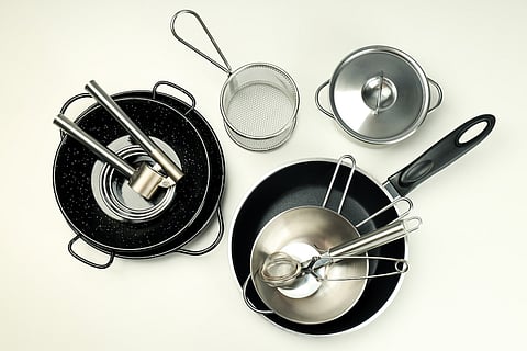 Set of different kitchen utensil on white background