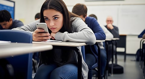 Bored Student Using Smartphone in Classroom During Lecture