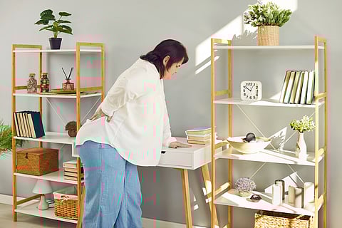 Overweight woman suffering from lumbago. Young fat, plus size, large lady standing by her desk at home and holding her hand on her lower back. Spine health problems, backache, lumbar pain concepts