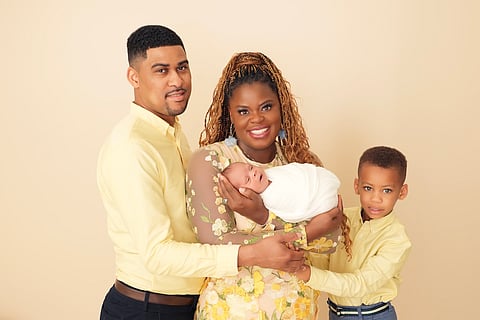 Stroke survivor Leslie Jordan and her family. Jordan received specialized care to protect her from another stroke during her second pregnancy.