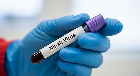 Hand holding a test tube labeled Nipah Virus with blue gloves in a lab