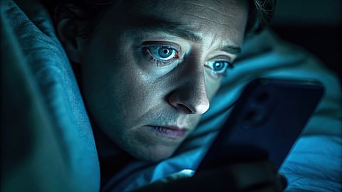Stressed and sleepless woman looking at her smartphone in bed at night