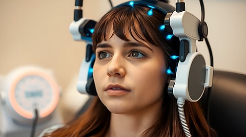 A Caucasian girl in her 20s or 30s undergoes transcranial magnetic stimulation therapy at a psychiatric facility to treat depression or anxiety.