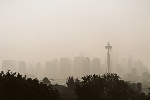 Wildfire haze covering the Space Needle and the Seattle skyline