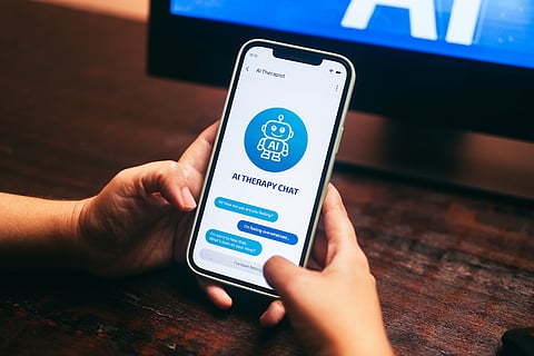 AI therapy chat app on smartphone for mental health support. Emotional, wellbeing assistant concept