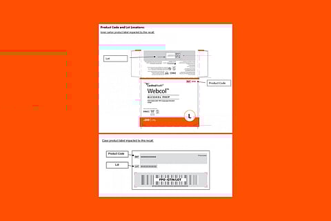 A photo of the product code and lot locations on the affected alcohol prep pads