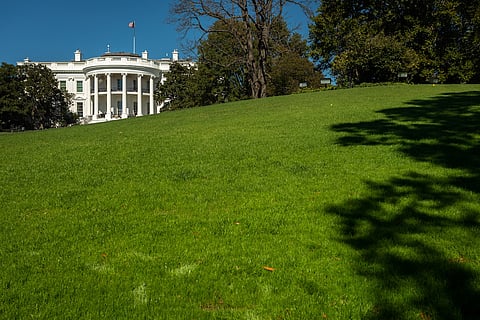 The White House in Washington, DC - seen from South Lawn on a sunny Summer Day; Copy Space