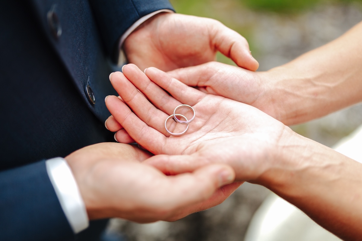 Wedding rings in couple's hands