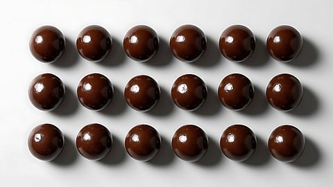 A top-down view of a grid of 15 dark chocolate-covered malt balls arranged on a white surface.