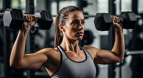 Woman using hand weights during exercise session