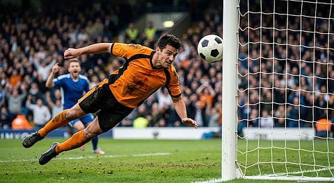 Soccer player executing a dramatic diving header near the goalpost. Muddy male athlete in mid-air attempting to score during a competitive football match. Professional sports action 